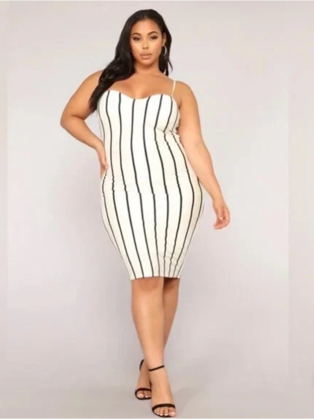 Fashion Nova White Midi Dress with Black Stripes